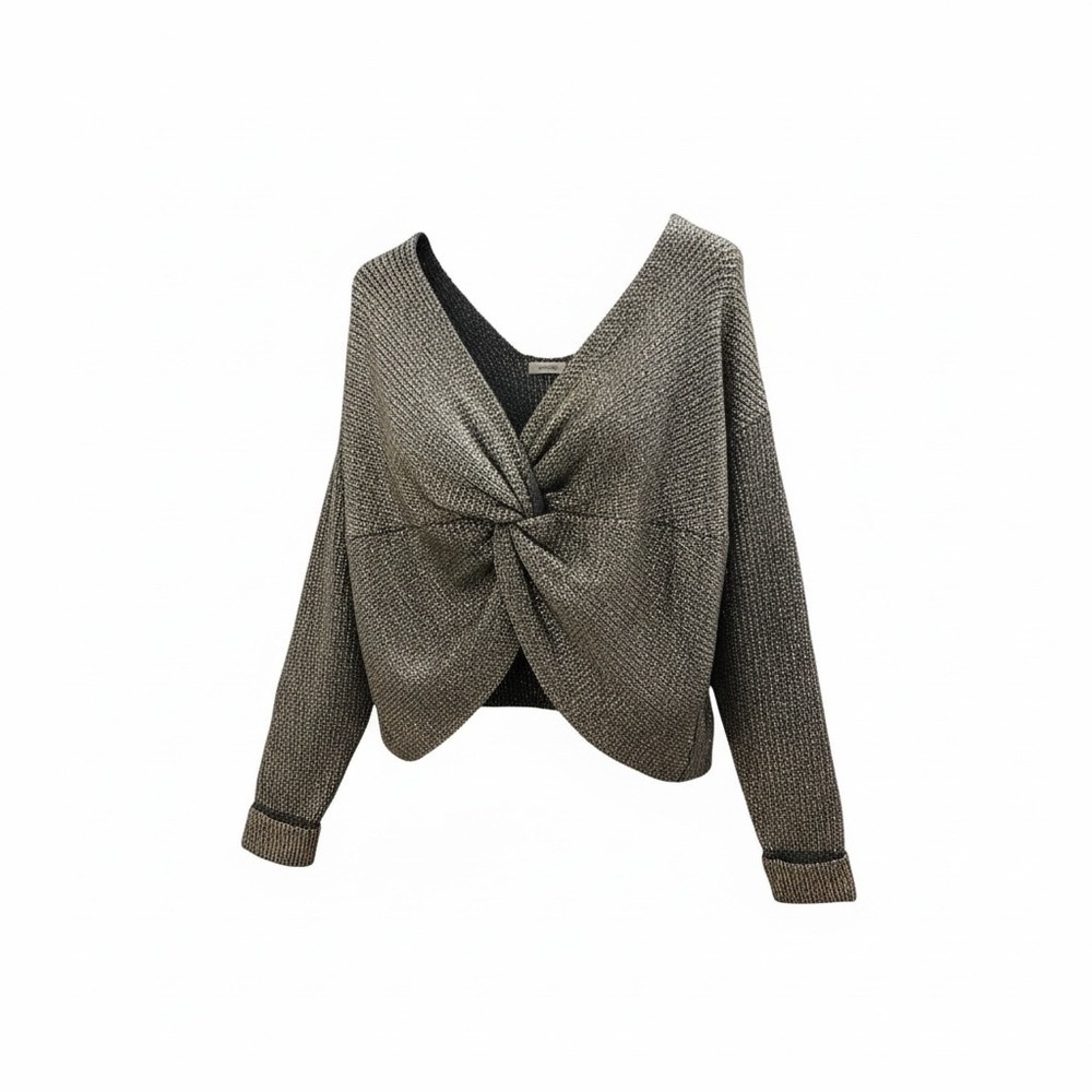 4SI3NNA Metallic Twist Front V Neck Long Sleeve Sweater‎ Top L